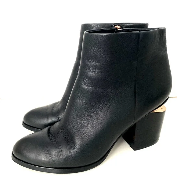 Alexander Wang Gabi Leather Ankle Boot Black Cutout Block Heel Rose Gold 41 11